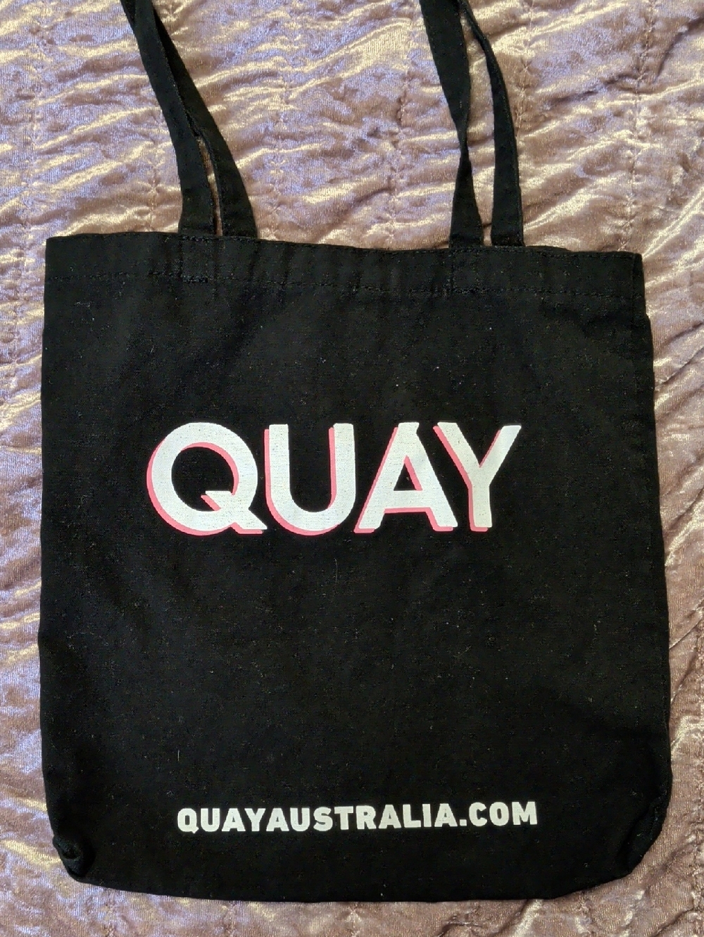 Unused Quay Australia Black Tote with White and Pink Logo